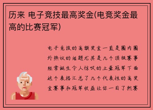 历来 电子竞技最高奖金(电竞奖金最高的比赛冠军)